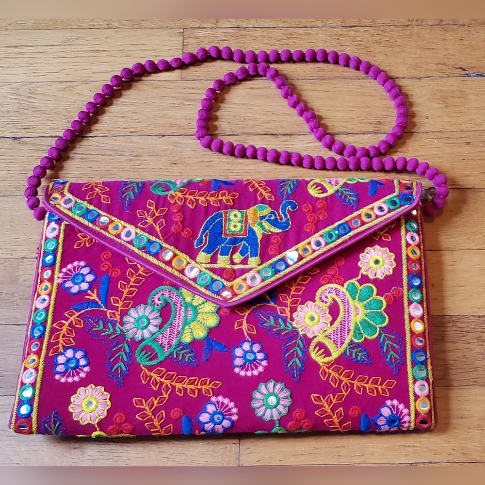 NEW Boho Rajasthani Pink embroidered clutch shoulder purse Elephants Indian